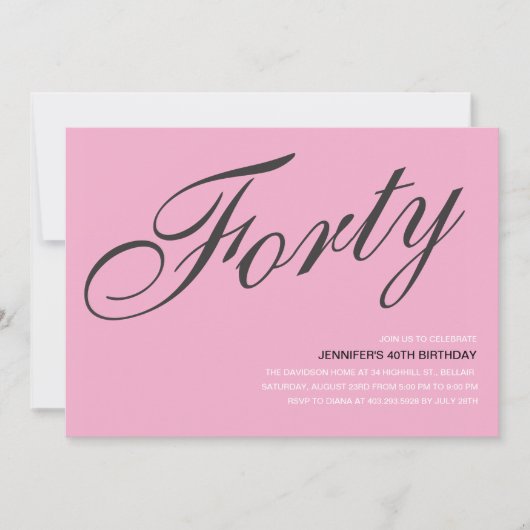 40. Geburtstag Einladungen in Schwarz und Rosa (Vorderseite)