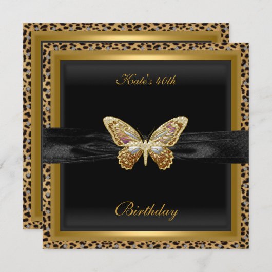 40. Geburtstag Elegant Leopard Gold Butterfly Einladung (Vorne/Hinten)