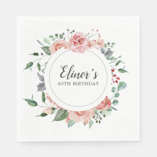 40. Geburtstag Elegant Rosa Rose Blumen Serviette