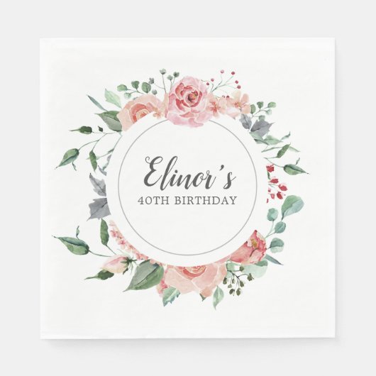 40. Geburtstag Elegant Rosa Rose Blumen Serviette (Vorderseite)