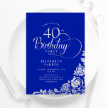 40. Geburtstag Elegant Royal Blue Silver Rose Einladung<br><div class="desc">Einfache elegante 40. Geburtstagsfeier Party Einladung in königsblau und silber. Klassisches Design mit Rose,  Imitaten Silberfolie und Typografie Script Schriftart. Die trendige Einladungskarte eignet sich perfekt für eine stilvolle Damenfeier. Personalisieren Sie Ihre persönlichen Daten. Kann für jedes Alter angepasst werden. Gedruckte Zazzle-Einladungen oder Sofortdownload digitaler Druckvorlage.</div>