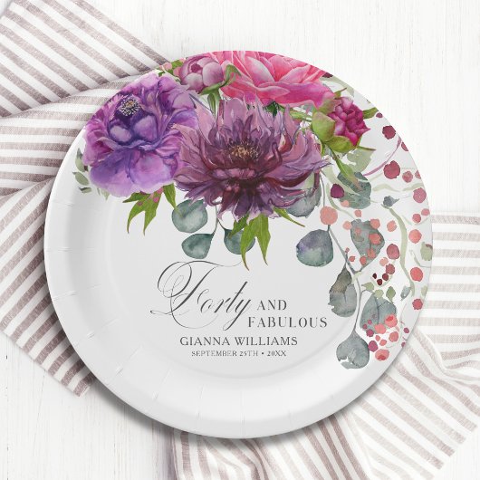 40. Geburtstag, Elegant und Blumen Pappteller
