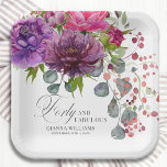 40. Geburtstag, Elegant und Blumen Pappteller<br><div class="desc">40. Geburtstag Party Papier Teller mit stilvollem Aquarell Blume Bouquet in Rosa,  lila und bordeauxfarben mit Grün. Fügen Sie einfach Ihren eigenen Text für Ihre vierzigste Geburtstagsparty hinzu. Personalisiert,  indem Sie den Text in den dafür vorgesehenen Textfeldern bearbeiten. Entworfen von ©Evco Studio www.zazzle.com/store/evcostudio</div>