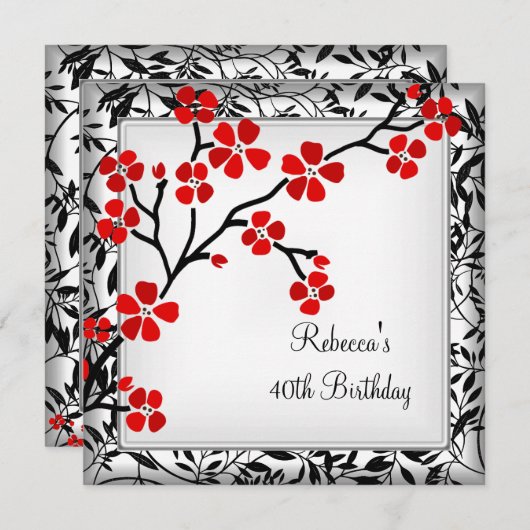 40. Geburtstag Elegante asiatische Rote Blume Weiß Einladung (Vorne/Hinten)