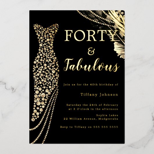 40. Geburtstag: Elegantes Gold Dress Folieneinladung (Vorderseite)