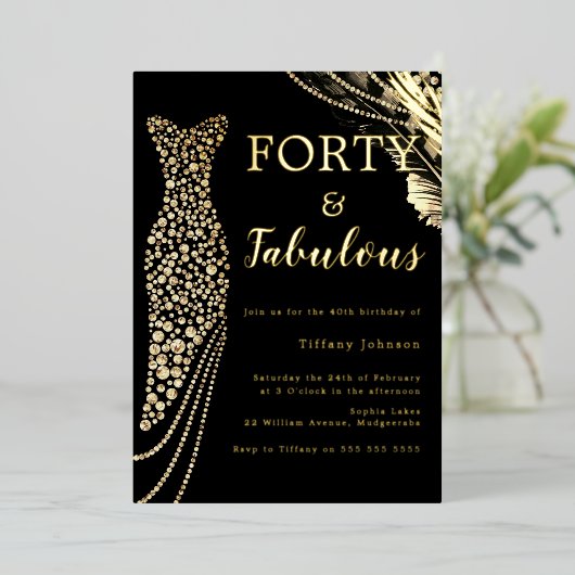 40. Geburtstag: Elegantes Gold Dress Folieneinladung (Stehend vorne)