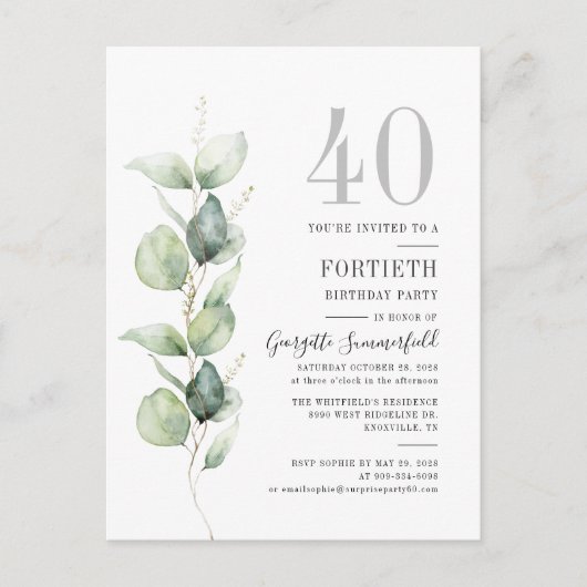40. Geburtstag Eukalyptus Botanisches Party Einladungspostkarte (Vorderseite)