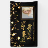 40. Geburtstag Foto Black Gold Stars Personalisier Banner (Vertikal)