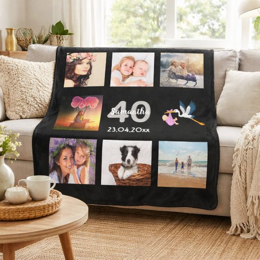 40. Geburtstag Foto Collage schwarz Fleecedecke