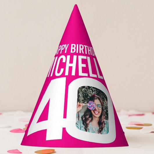 40. Geburtstag Foto personalisiert weiß rosa Partyhütchen