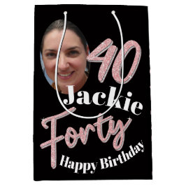 40. Geburtstag Foto Skript Rose pink Mittlere Geschenktüte