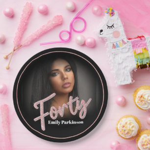 40. Geburtstag Foto Skript Rose rosa benutzerdefin Pappteller