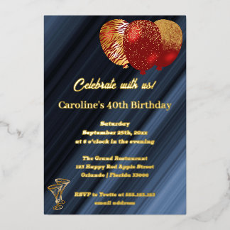 40. Geburtstag Glitzer Red Balloons Folieneinladung