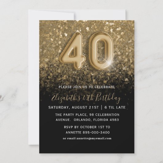 40. Geburtstag Gold Glitzer & Black Party Einladung (Vorderseite)