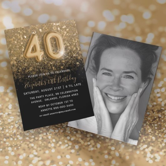 40. Geburtstag Gold Glitzer & Black Party Einladung