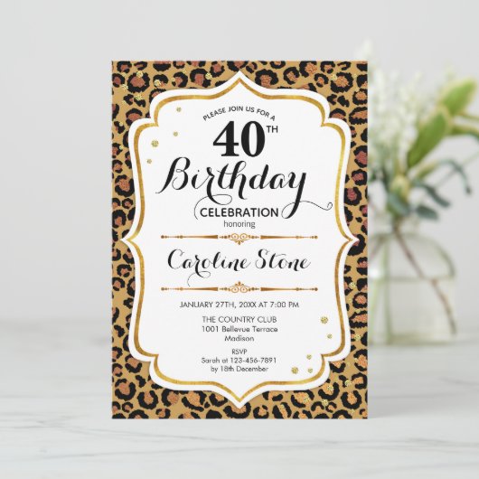 40. Geburtstag - Gold Leopard Print Einladung (Stehend Vorderseite)