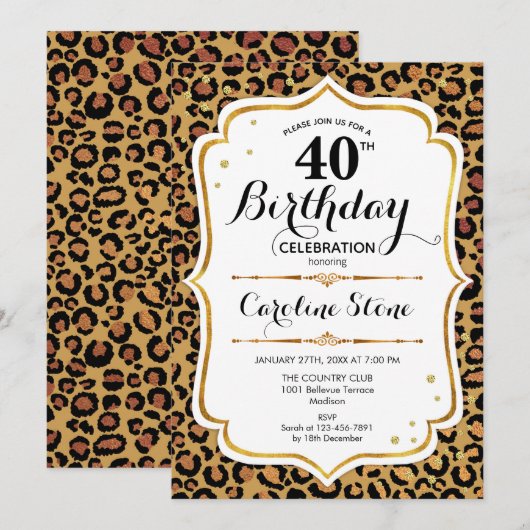 40. Geburtstag - Gold Leopard Print Einladung (Vorne/Hinten)