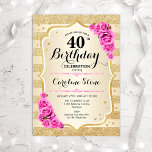 40. Geburtstag - Gold Streifen Rosa Rosen Einladun Einladung<br><div class="desc">40. Geburtstag Einladung. Elegantes Design in Gold und Rosa. Features Imitate Glitzer goldene Streifen,  rosa Rosen stilvolle Skript-Schriftart und Konfetti. Ideal für eine gläserne Geburtstagsfeier.</div>