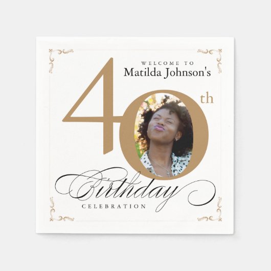 40. Geburtstag Gold Weißkalligrafie Custom Foto Serviette (Vorderseite)