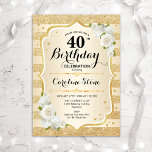 40. Geburtstag - Goldränder Weiße Rosen Einladung<br><div class="desc">40. Geburtstag Einladung. Elegantes Blumendesign in Gold und Weiß. Features Imitate Glitzer goldene Streifen,  weiße Rosen stilvolle Skript-Schriftart und Konfetti. Ideal für eine gläserne Geburtstagsfeier.</div>
