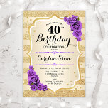 40. Geburtstag - Goldstreifen Lila Rose Einladung<br><div class="desc">40. Geburtstag Einladung. Elegantes Design in Gold und lila. Features Imitate Glitzer goldene Streifen,  lila Rose stilvolle Skript-Schriftart und Konfetti. Ideal für eine gläserne Geburtstagsfeier.</div>