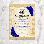 40. Geburtstag - Goldstreifen Royal Blue Rose Einladung<br><div class="desc">40. Geburtstag Einladung. Elegantes Design in Gold und königsblau. Features Imitate Glitzer goldene Streifen,  Saphir Rose stilvolle Skript-Schriftart und Konfetti. Ideal für eine gläserne Geburtstagsfeier.</div>