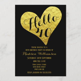 40. Geburtstag Hallo 40 Schwarz und Imitate Golden Einladung