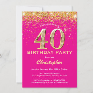 40. Geburtstag Hot Pink und Gold Glitzer Confetti Einladung