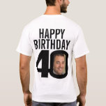 40. Geburtstag individuelle Name ab und zu Foto T-Shirt<br><div class="desc">Herzlichen Glückwunsch zum Geburtstag 40 Schwarz-Weiß-Text, individuelle Name vorne, und zurück glücklicher Geburtstag 40 auf dem hinteren T - Shirt. Spaß 40. personalisiertes Foto in fett schwarz und kontrastierend weißen Geburtstag Tee Design. Personalisieren Sie dieses Geburtstagsgeschenk Shirt mit zwei Fotos des Geburtstags in der Mitte der Zahl 0 in 40...</div>