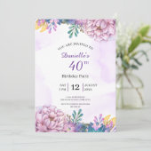 40. Geburtstag lila Blumeneinladung Einladung (Stehend Vorderseite)