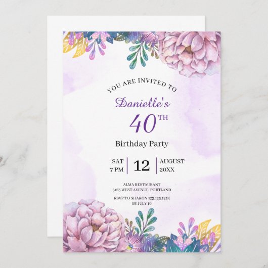 40. Geburtstag lila Blumeneinladung Einladung (Vorne/Hinten)