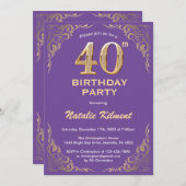 40. Geburtstag Lila und Gold Glitzer Frame Einladung (Vorne/Hinten)