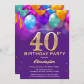 40. Geburtstag Lila und goldene Ballons Einladung (Vorne/Hinten)