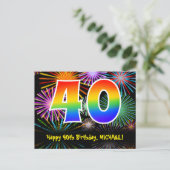 40. Geburtstag – Lustiges Feuerwerk Muster + Regen Postkarte (Stehend Vorderseite)
