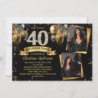 40. Geburtstag Moderne Gold Glitzer Balloons 2 Fot Einladung