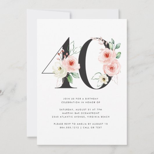 40. Geburtstag Moderne Rose Goldgrün Einladung (Vorderseite)