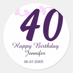 40. Geburtstag Name Datum Jahr lila floral Pin Runder Aufkleber