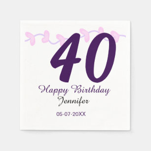 40. Geburtstag Name Datum Jahr lila floral Pin Serviette