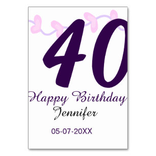 40. Geburtstag Name Datum Jahr lila floral Pin Tischnummer