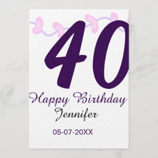 40. Geburtstag Name Datum Jahr lila floral Steckna Einladung