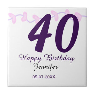 40. Geburtstag Name Datum Jahr lila floral Steckna Fliese