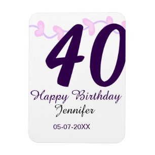 40. Geburtstag Name Datum Jahr lila floral Steckna Magnet