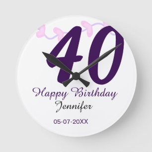 40. Geburtstag Name Datum Jahr lila floral Steckna Runde Wanduhr
