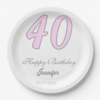 40. Geburtstag Name Datum Jahr rosa grau Pastell Pappteller