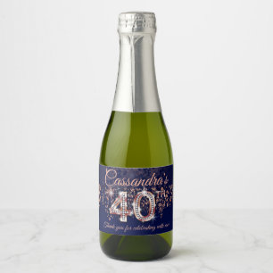 40. Geburtstag Navy Blue Rose Gold Glitzer Cascade Schaumweinetikett
