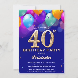 40. Geburtstag Navy Blue und Gold farbige Ballons Einladung