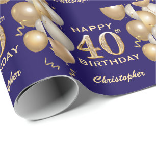 40. Geburtstag Navy Blue und Gold Glitzer Balloons Geschenkpapier