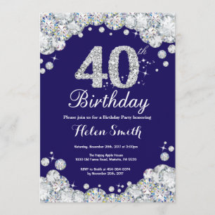 40. Geburtstag Navy Blue und Silver Diamond Einladung