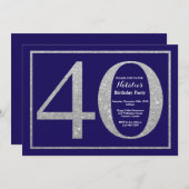 40. Geburtstag Navy Blue und Silver Glitzer Einladung (Vorne/Hinten)