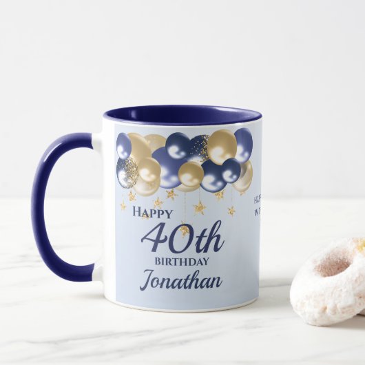 40. Geburtstag Navy Gold Ballons Tasse (Mit Donut)